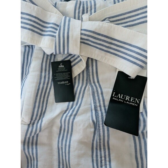 Lauren Ralph Lauren Linen Cotton Belted Shorts White Blue Stripe High Waist Sz 8 - Picture 4 of 5